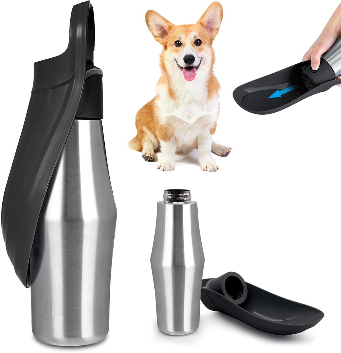 Drinkfles voor honden, 750 ml, 180 graden opvouwbaar, draagbaar, roestvrij staal, voor training, zwart, 1
