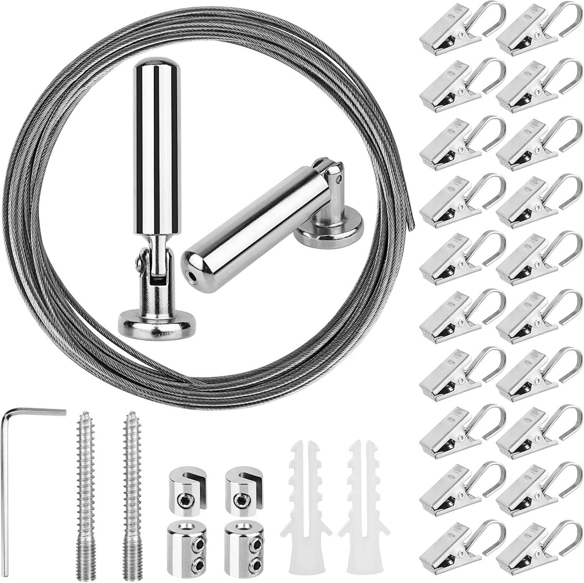 Kabelspangarnituur, kabelspanner, gordijntouw, draadkabel met (20) haken, gordijnclips voor binnenlandse decoratie