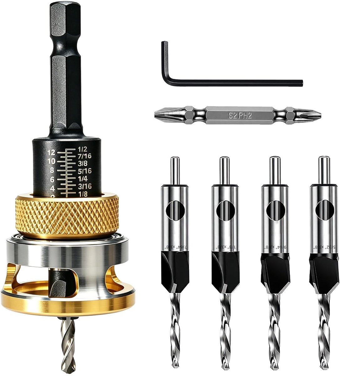 Houtboor en metalen boor – afschuiningsfrees HSS-M2 met verstelbare diepteaanslag, zeshoekige schacht 1/4 inch voor houtbewerking en metaalbewerking