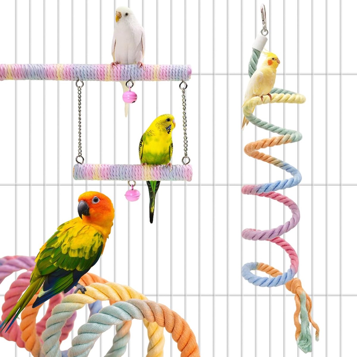 2 stuks gradiënt kleurrijke vogel touw baars standaard, hangende vogel touw baars stand extra lang gradiënt kleur schommel, dubbellaagse vogelschommel, buigbaar klimmen, parkiet dwergpapegaaien spelen