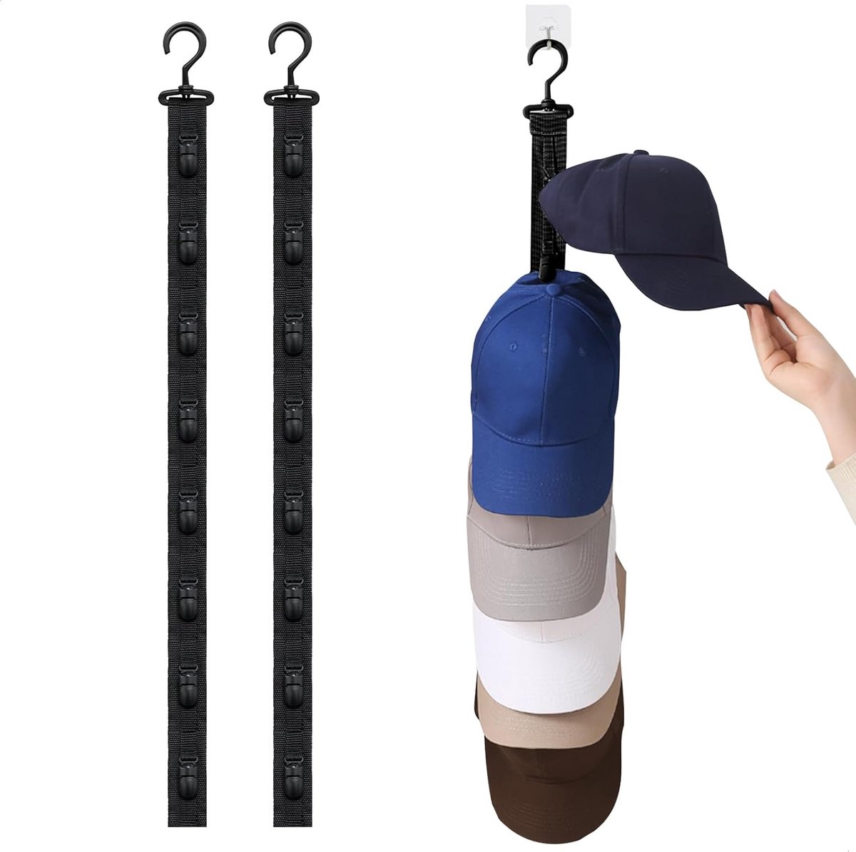 muur, basecap-houder muur, hoedhouder wordt geleverd met 8 opbergclips, voor kledingkast, kaphouder voor het opbergen van honkbalpetten, eendenmutsen, 2 stuks