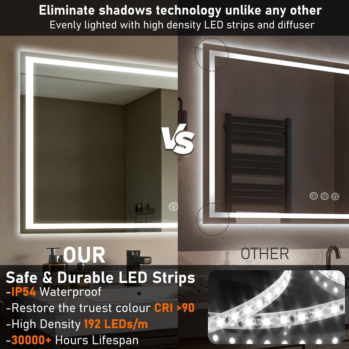 Badkamerspiegel 70x120cm - LED met verlichting - Anticondensfunctie - Ideaal voor dagelijkse verzorging - SnelShoppen