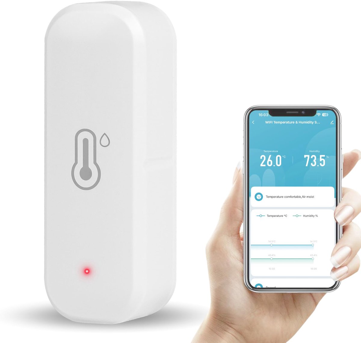 WiFi Hygrometer Thermometer - Temperatuur Sensor - Omgevingsmonitoring - Real-time Tracking - 7 x 5 x 1 cm - Wit