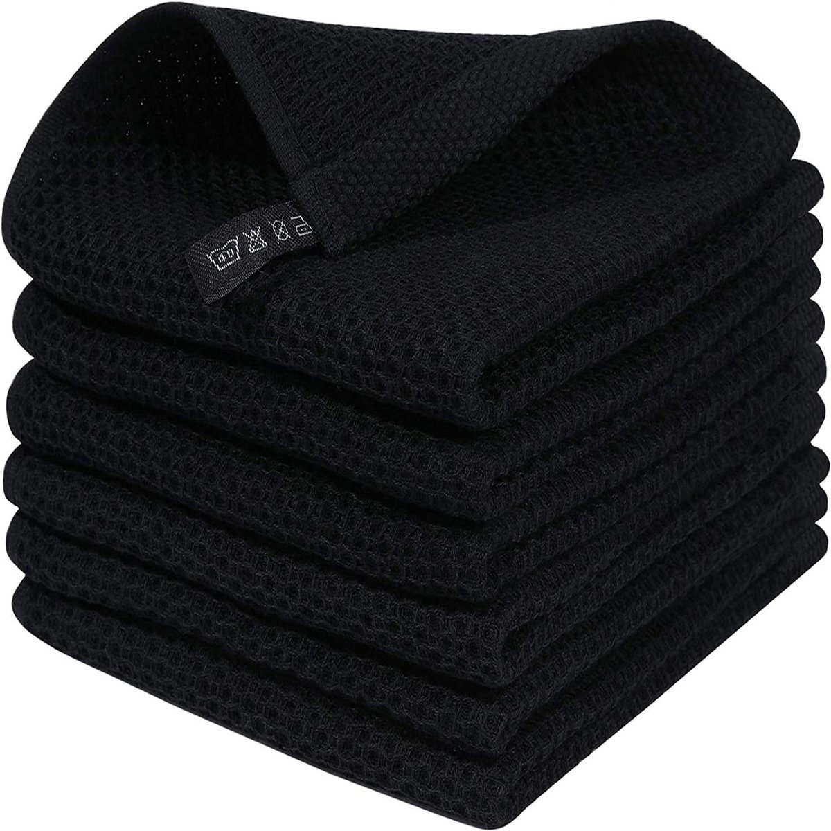 REDOM - Keukenhanddoeken Set 6 Stuks 34x34 cm – Zachte en Absorberende Handdoeken – Wafelstructuur – Voor Keuken, Dagelijks Gebruik en Huishouden – Katoen – Zwart