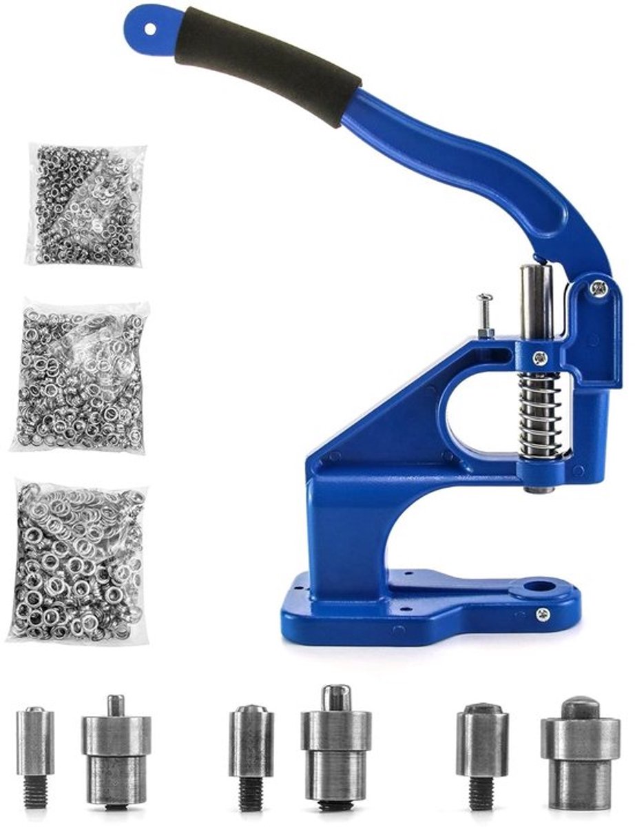 Handpers oogletset met 3 snijmessen (6/10/12 mm) en 1500 ooglets voor leerbewerking en knutselen