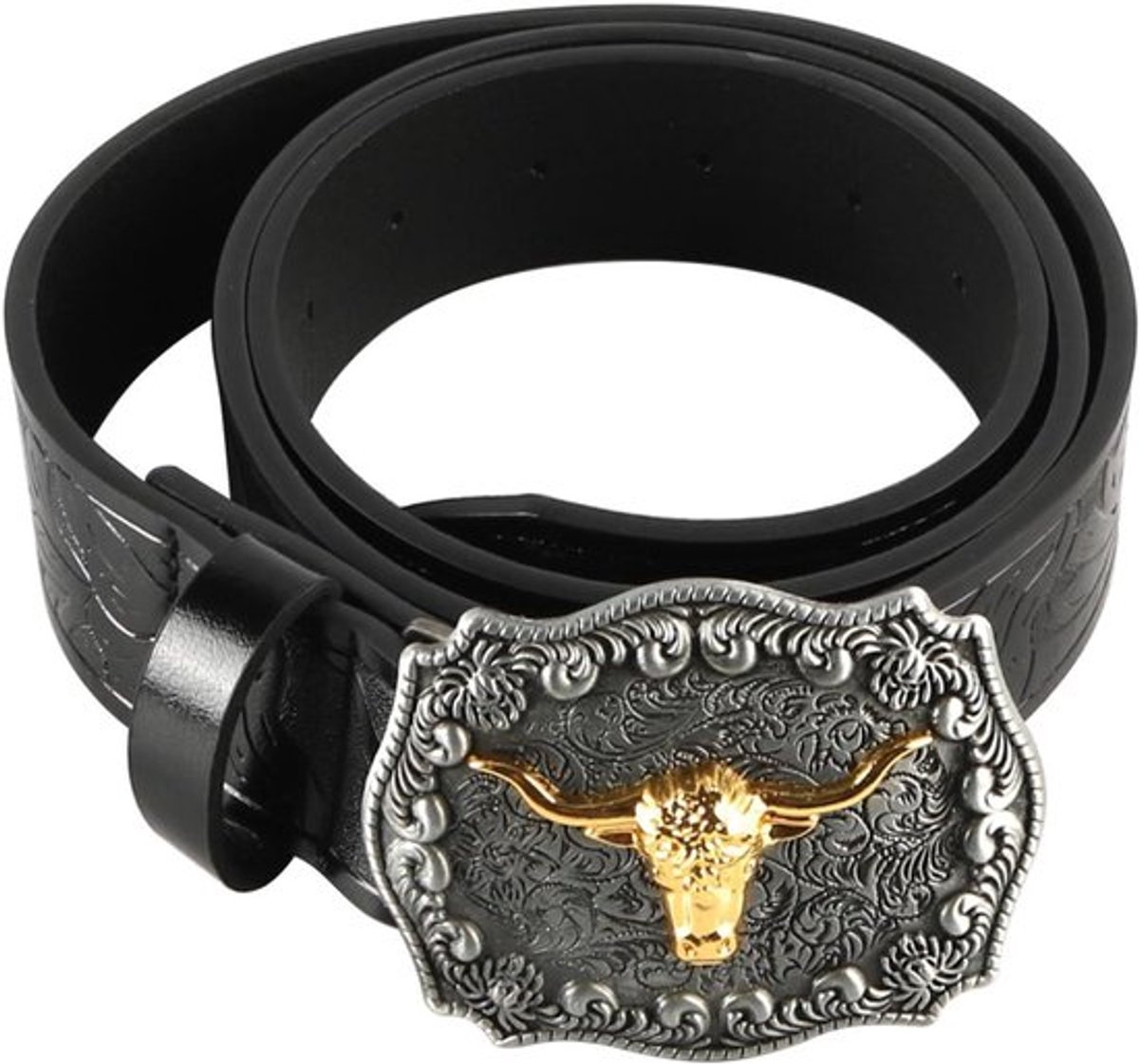 Westerse Cowboyriem - Retro-riem - Antieke zilveren stierkop - Heren - Persoonlijkheidsprint - Geschikt voor - 47,3 inch lang - Riem