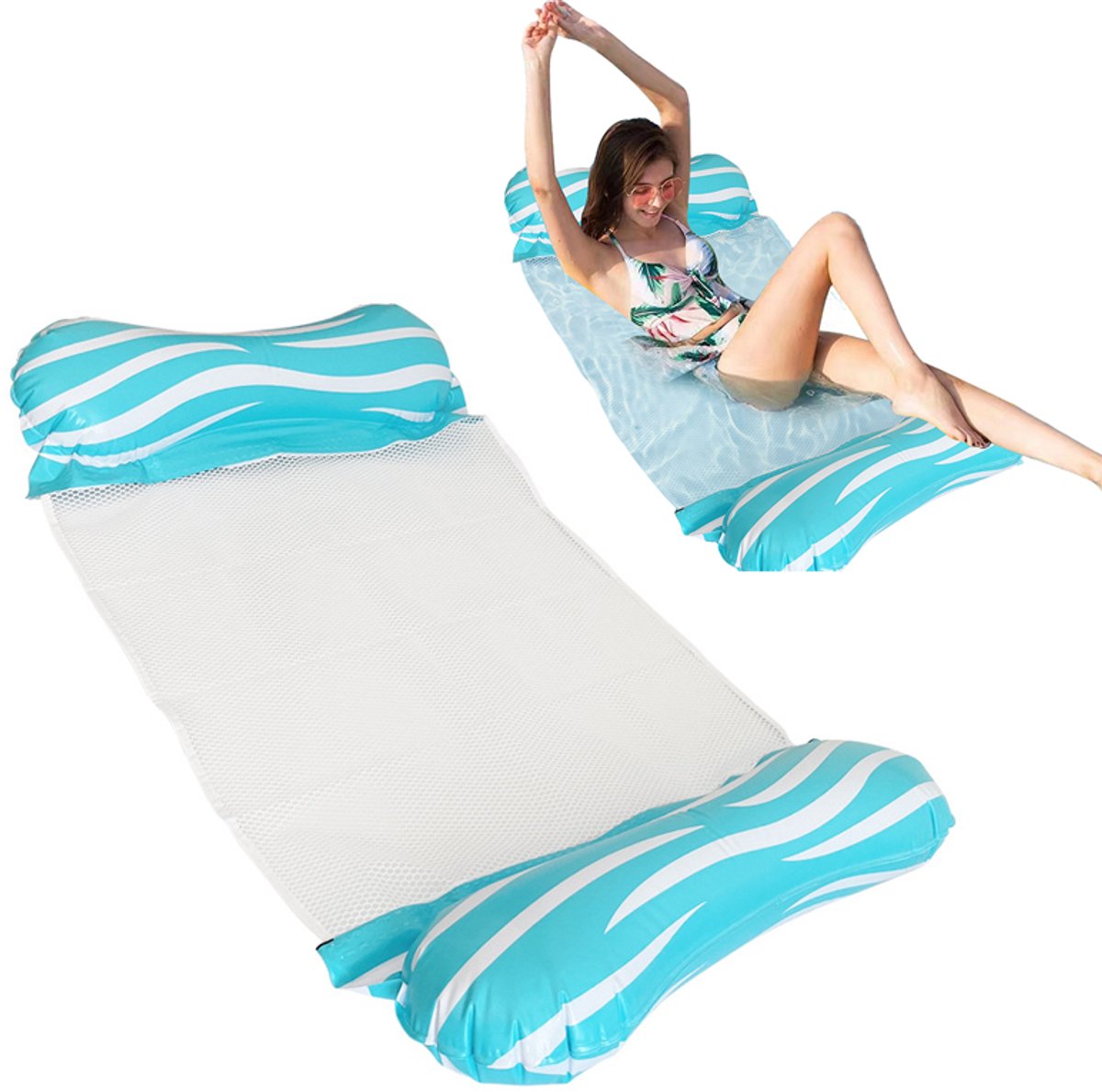 Opblaasbaar drijfbed - Opvouwbaar drijfbed met rugleuning - Zwemmat voor in het zwembad - Opblaasbare ligstoel voor in het water - 115*66 cm - Inclusief kleine luchtpomp - Geschikt voor zwembaden, vakanties, stranden, enz. - Blauw, wit