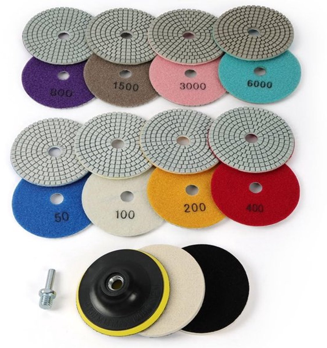 Polijstschijf 8 Stuks - Natte/Droge Diamant Polijstpads - Korrel #50 tot #3000 - Voor Graniet/Marmer/Beton - Inclusief Wollen Polijstpads