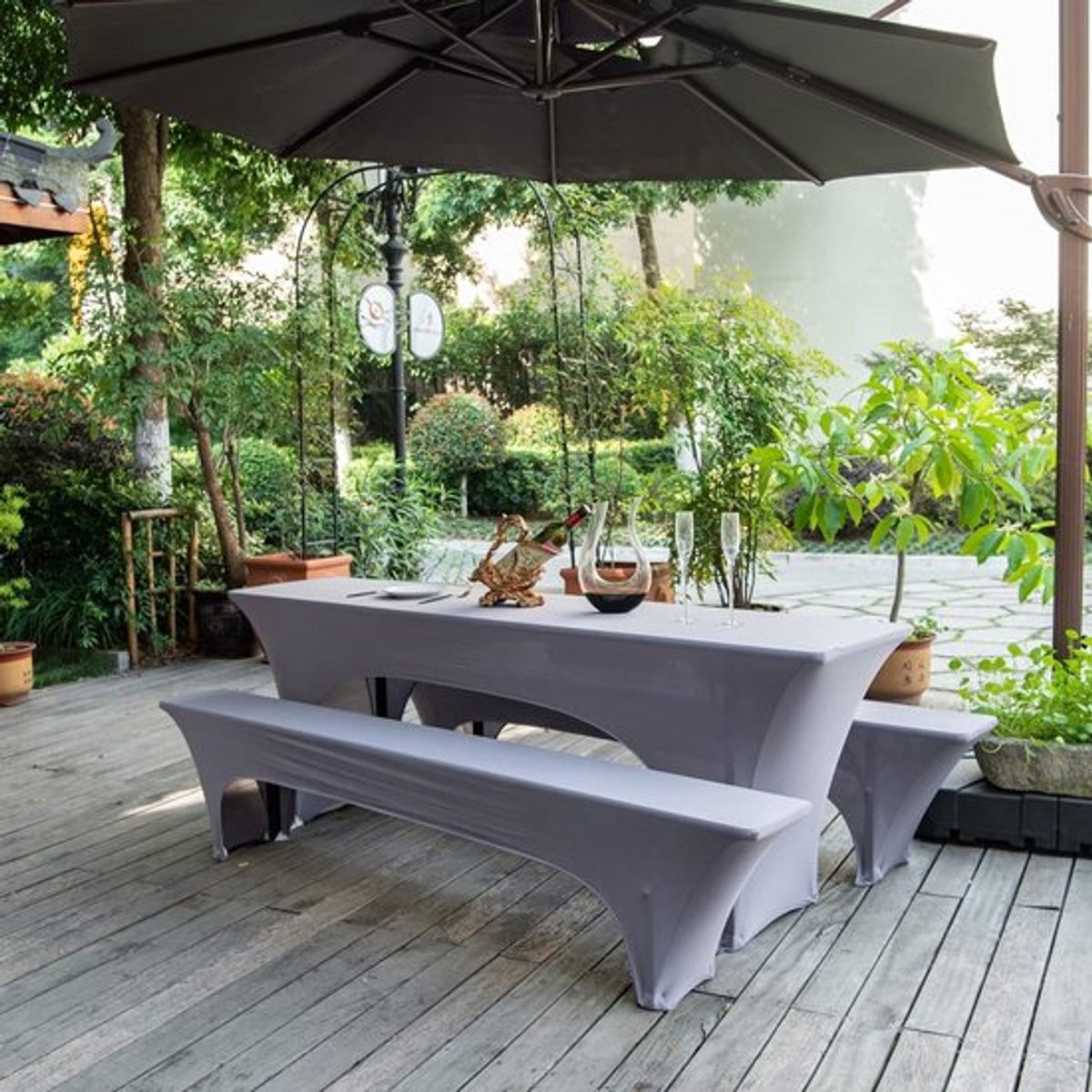 Tafelbedekking en Kussen Set voor 70cm Tafels - 3 Delige Stretch Covers voor Bierbanken en Tenten, Ideaal voor Feesten en Evenementen (Taupe)