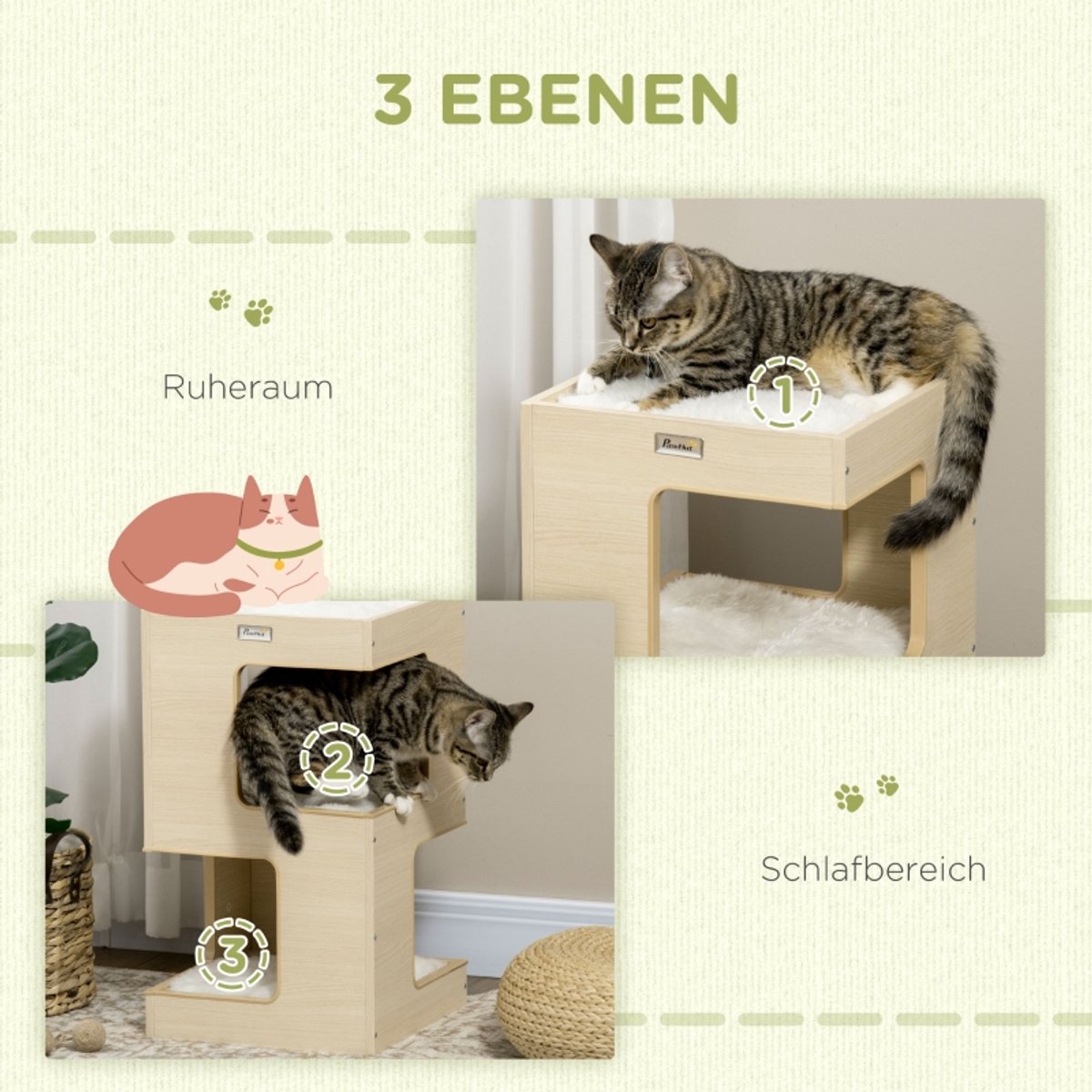 DESMIU Kattenhuis - 3 Niveaus Met Ligplateau - 34 x 34 x 60 cm - Pluche - Eikenkleur En Lichtgrijs - Slaap En Speelplek