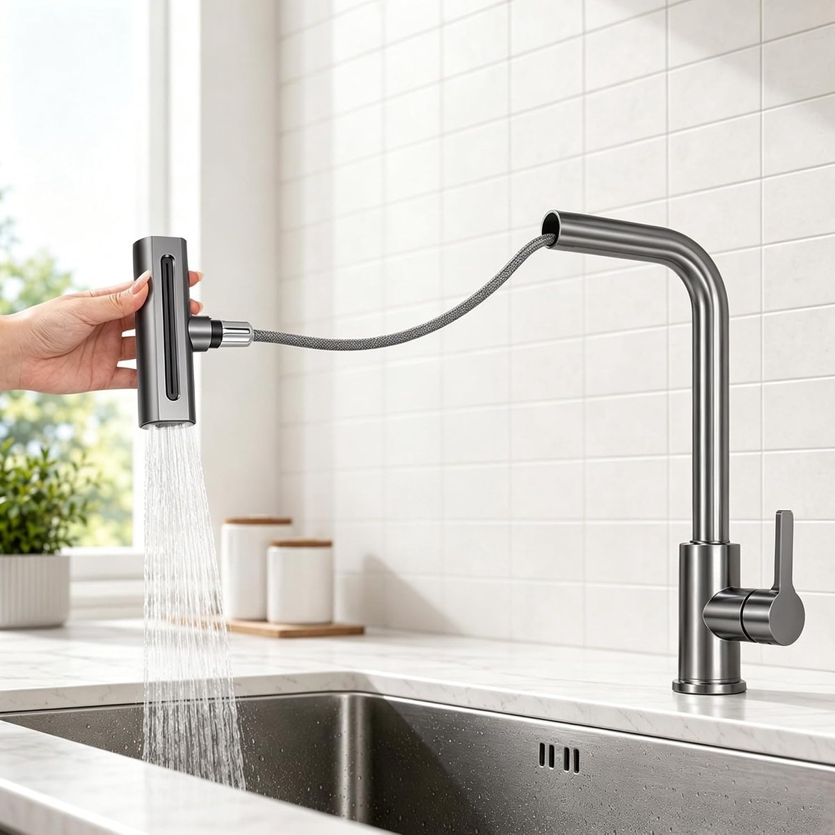 Keukenkraan, keukenkraan met 4 modi, keukenmengkraan, gootsteen, 60 cm, 360° draaibaar, voor enkele of dubbele wastafels, voor badkamer