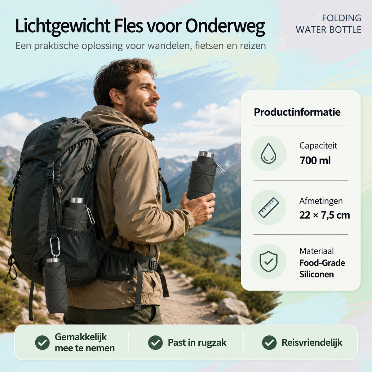Opvouwbare Waterfles - 700 ml - Lekvrij - Siliconen - Met Karabijnhaak - Voor Fiets & Wandelen - Draagbare Vouwfles — cadeau in Sport & Outdoor - foto 7