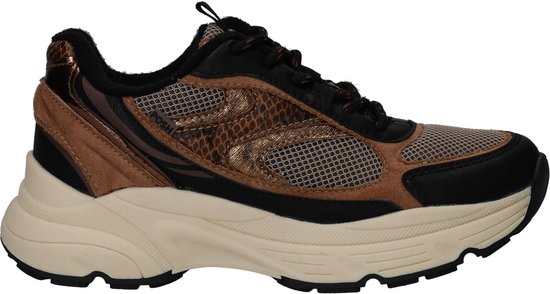 POSH by Poelman sneaker in zwart, bruin en bronskleur met slangenmotief en mesh, op een beige zool.