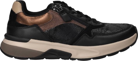 Zwarte dames sneaker met beige en bronskleurige details en rits.