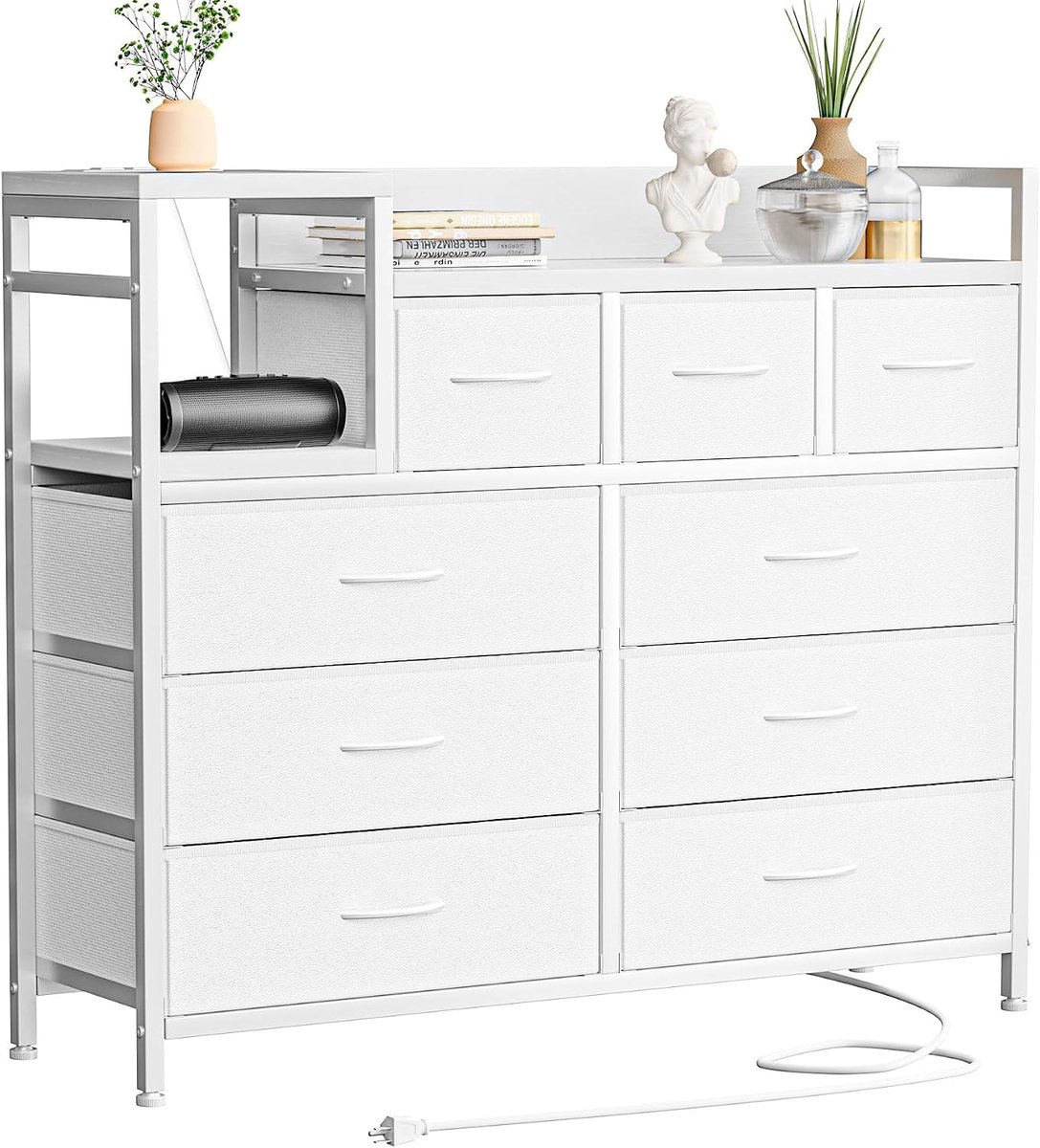 Triumpunpre - Ladekast 9 Lades stoffen kast - ladekast met geïntegreerd oplaadstation - kast voor slaapkamer met planken - Wit