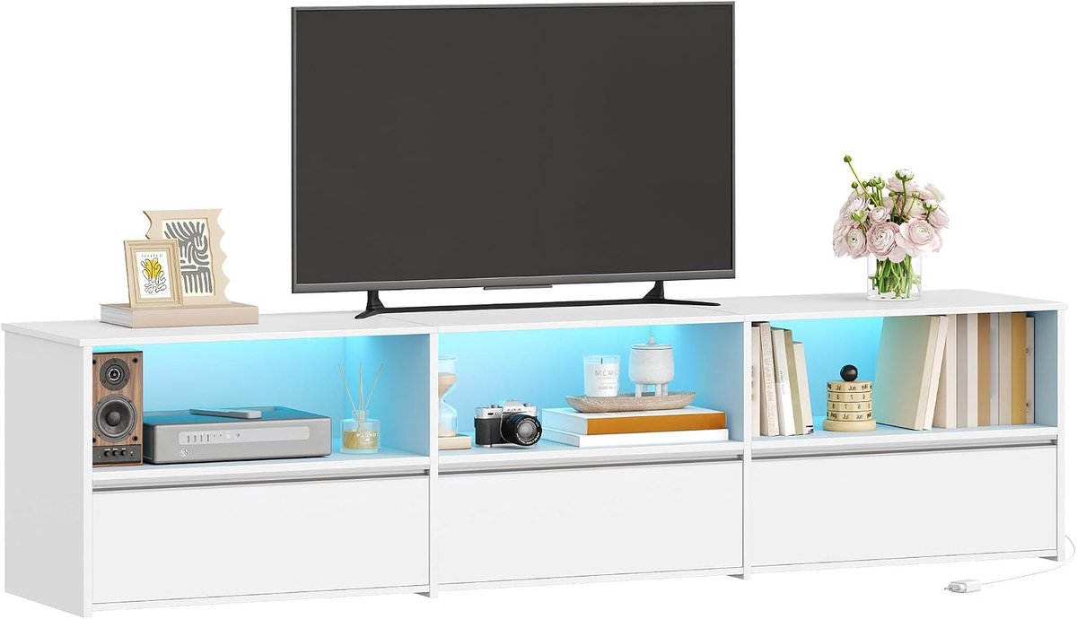 Hzuaneri tv-meubel met RGB ledverlichting, 180 cm lang, wit, voor tv's tot 80 inch, laag meubel met 3 lades en 3 open vakken voor woonkamer en slaapkamer.
