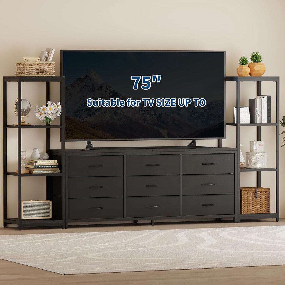 Triumpunpre - TV Meubels voor woonkamer en entertainmentcentrum - met 9 stoffen laden 2 opbergplanken - geschikt voor tv tot 75 inch - Zwart