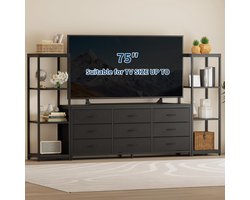 TV Meubels voor woonkamer en entertainmentcentrum - met 9 stoffen laden 2 opbergplanken - geschikt voor tv tot 75 inch - Zwart