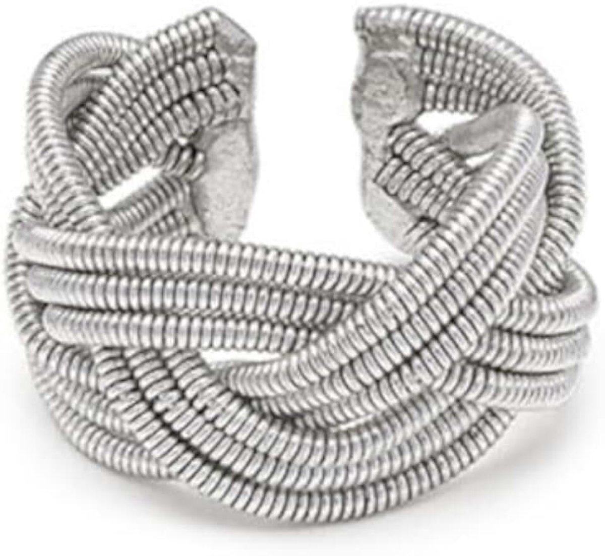 Ring met open band, verzilverd. Handgemaakt. Nikkelgetest. Model vlecht, veer, draaischijf en sterren.