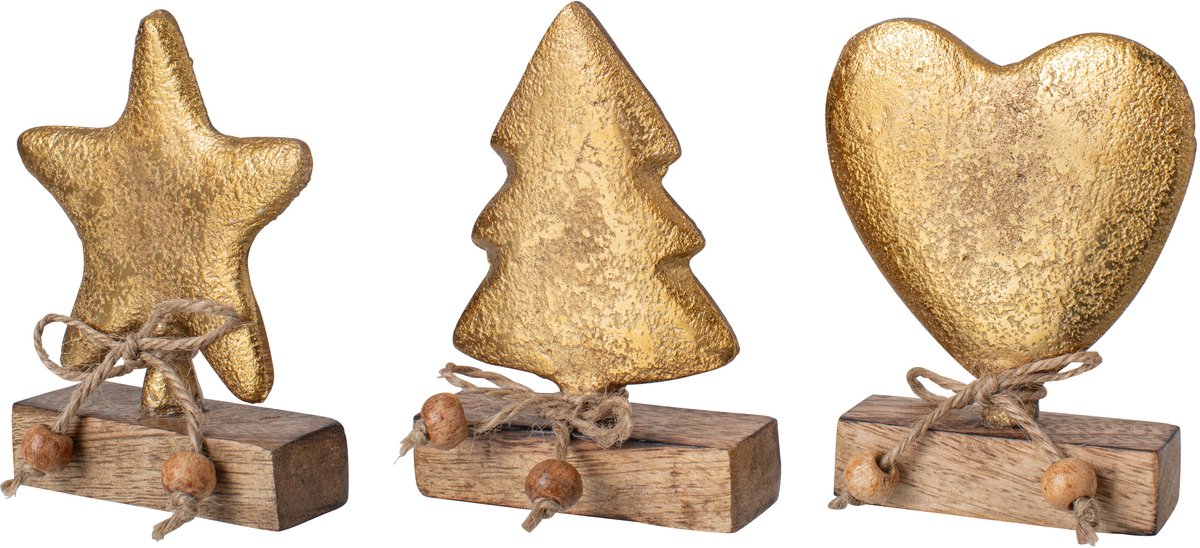 J-Line Boom, ster en hart - aluminium - naturel/goud - assortiment van 3