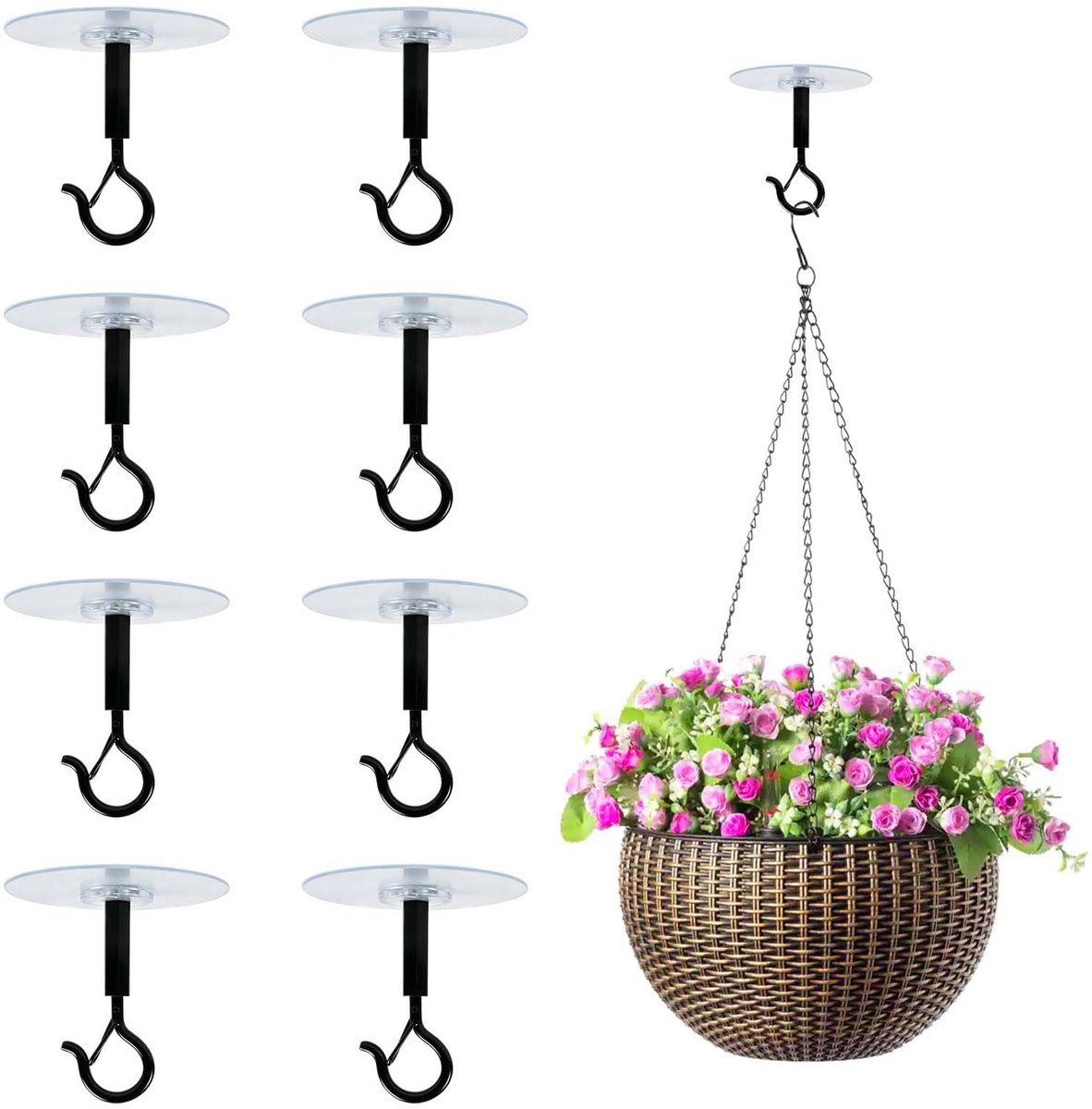 8 stuks plafondhaken, zelfklevend, zonder boren, plakhaken plafond sterk zwart, plafondbevestiging voor planten, lampen en decoratie, zelfklevende haken voor buiten, weerbestendig, geschikt voor