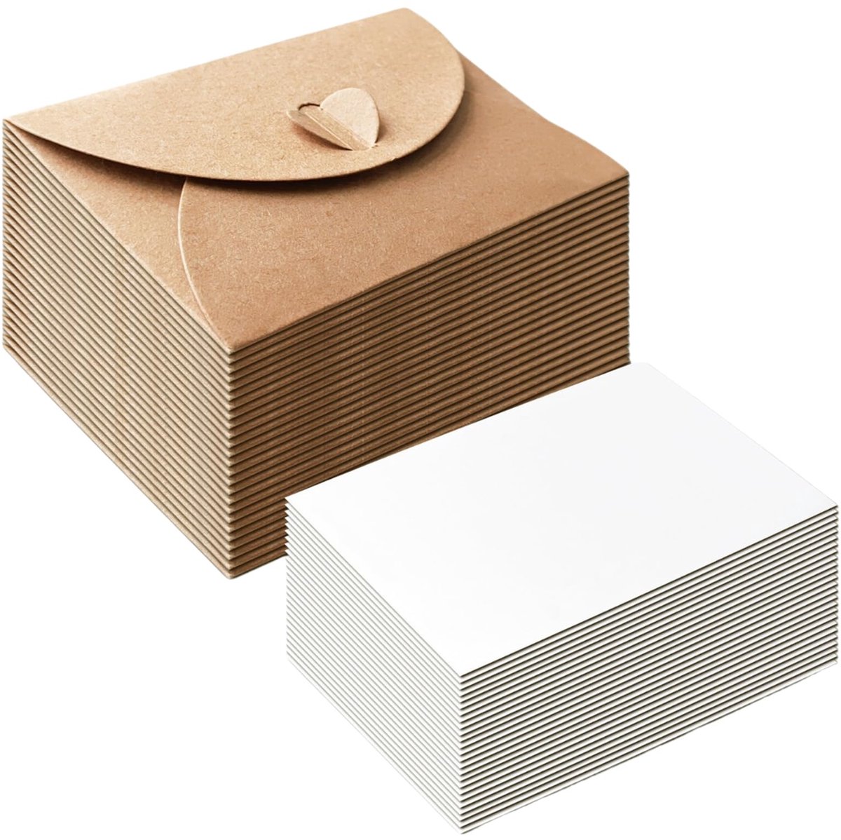 Set van 50 mini-enveloppen van kraftpapier met blanco kaarten, kleine enveloppen met hartsluiting voor cadeaukaarten, bruiloft, verjaardag en doe-het-zelf bedankkaarten, vintage bruin en wit (B)