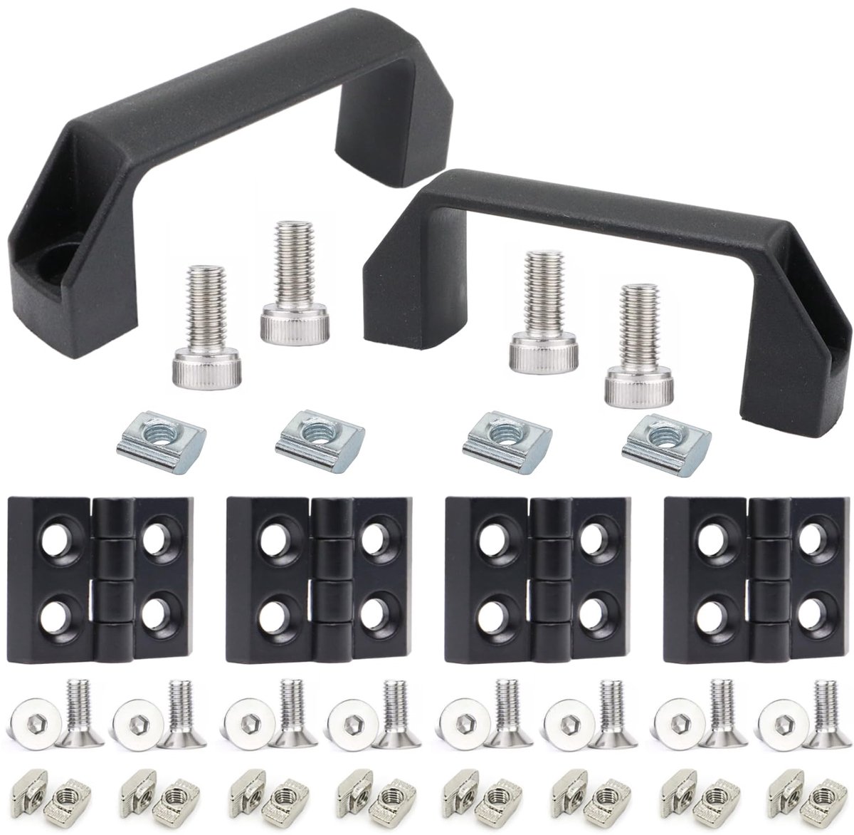 2 sets deurklink en deurkozijnscharnieren, installatieset voor 20-serie aluminium extrusieprofiel, sleuf 6 mm, incl. 2 platte handgrepen, 4 deurkozijnscharnieren 20 moeren, zwart