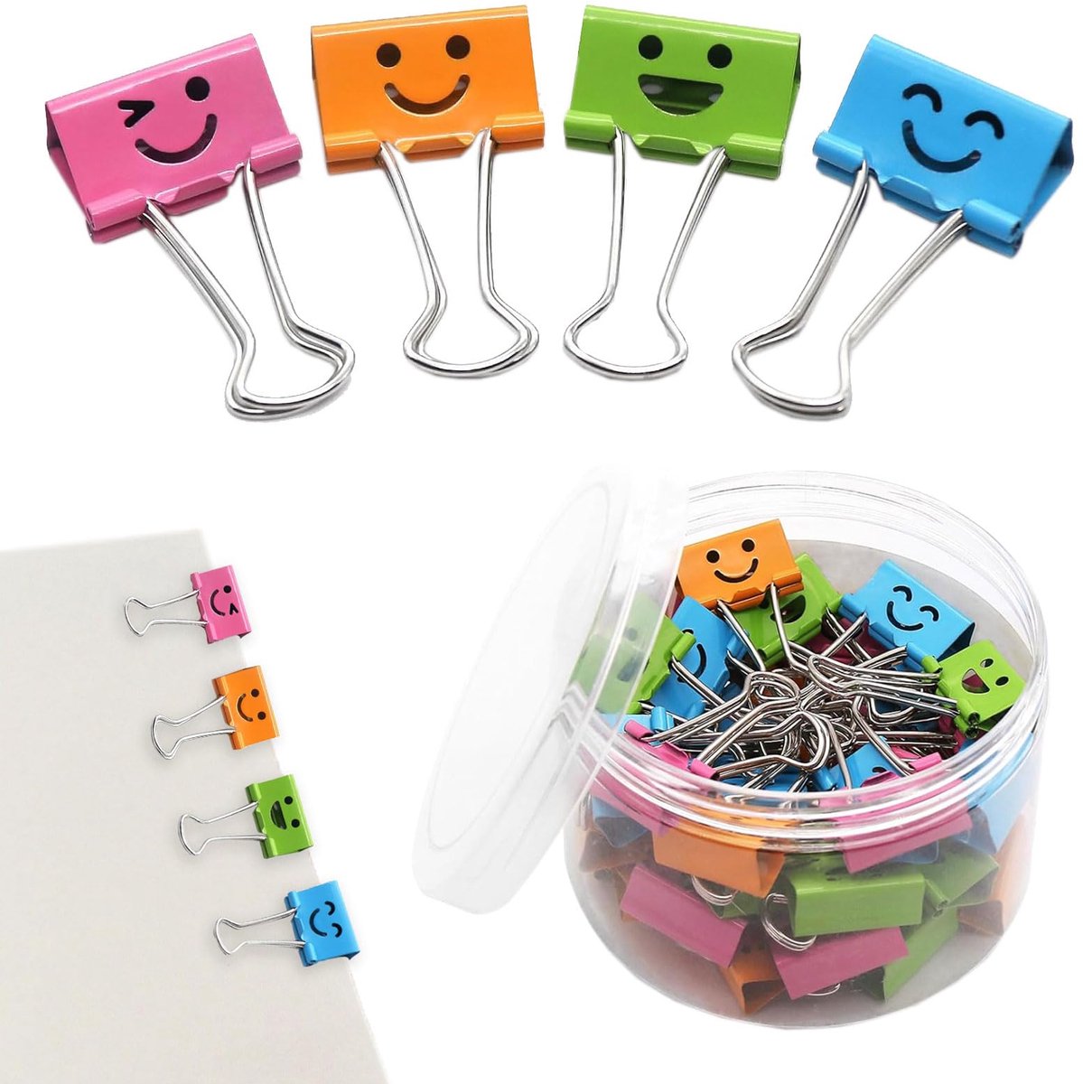 klemmen, metalen klemmen, 40 stuks gekleurde papieren klemmen met schattige glimlachend gezicht, klemmen metaal, vouwbackclips voor kantoor, kleurrijke documentenklemmen, voor