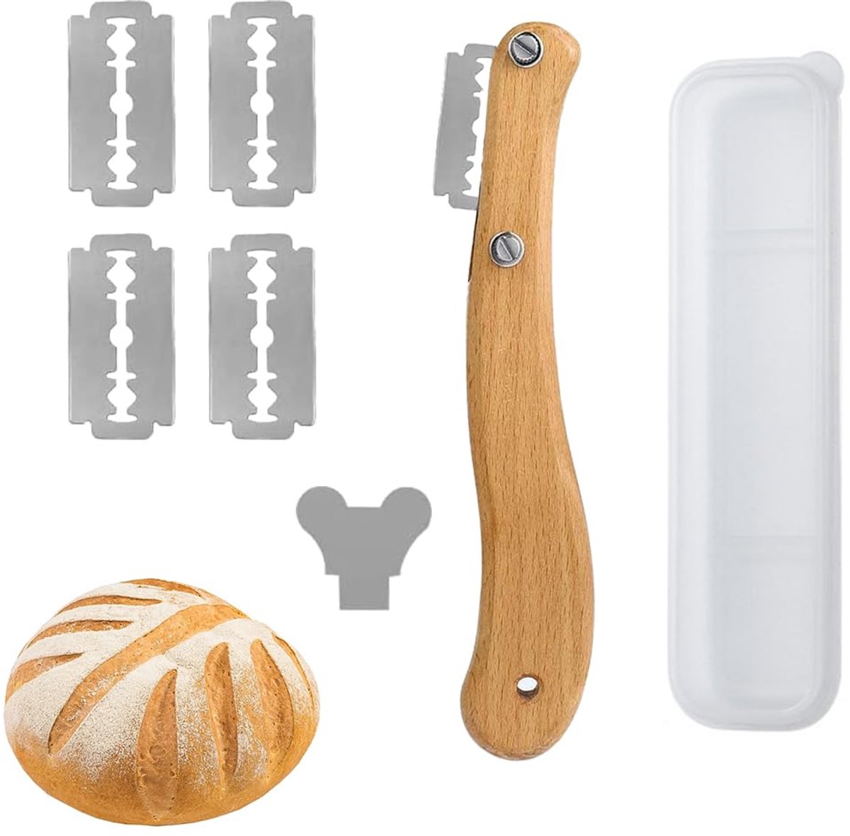 Houten Handvat Deegmes, Deegmes, Brood Snijgereedschap, Broodmes, met 5 Roestvrijstalen Reservemessen voor Doe-Het-Zelf Brood, Koek, Stokbrood, Toast, Geven Brood Deeg Gesneden Patroon