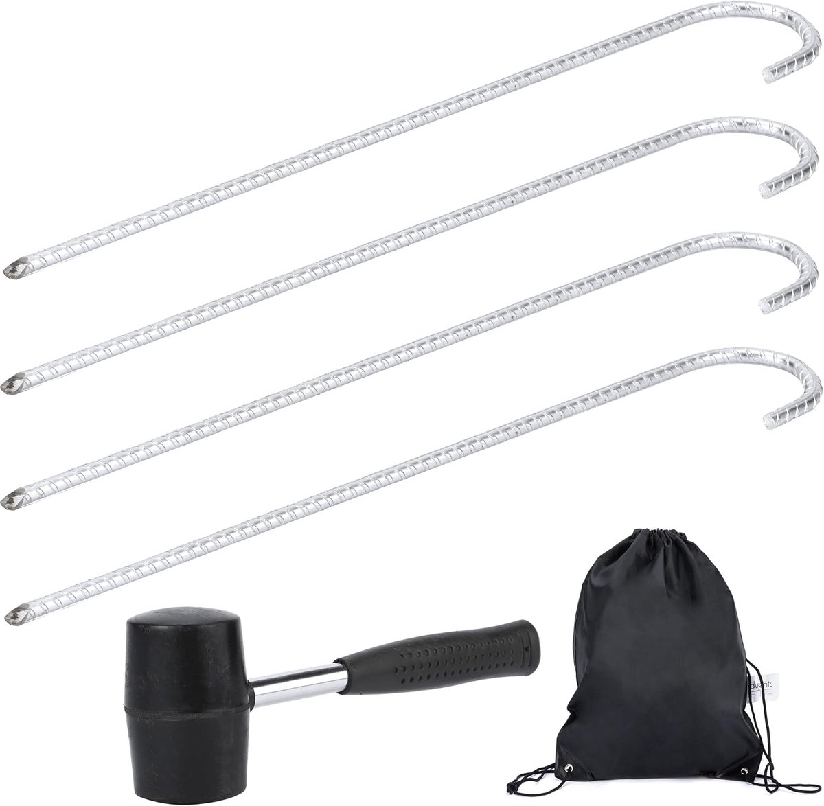Set van 4 grondankers, 42 cm grondankers, grondhaken, tentharingen voor een veilige bevestiging, zilver verzinkt plus plus: rubberen hamer & zak