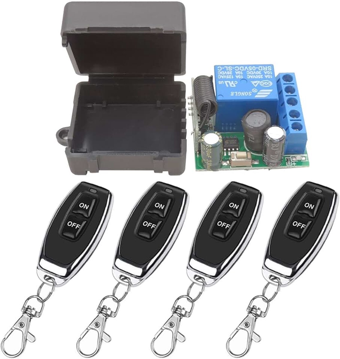Draadloze Afstandsbediening Schakelaar 433Mhz 5V 12V 24V 1 Kanaals Radio Control Relais Ontvanger met 4 Zenders keyfobs Potentiaalvrije Contacten Relais Controller