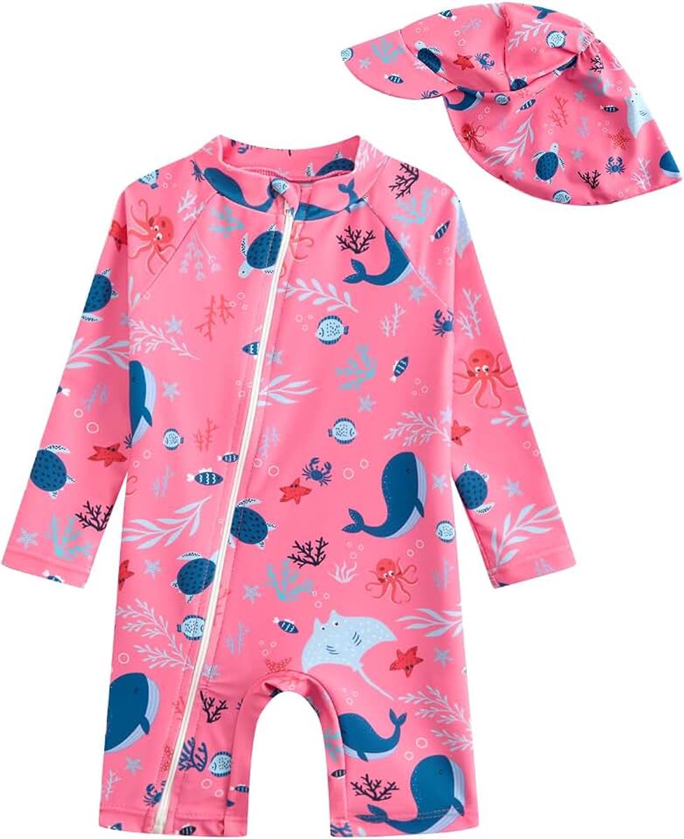 Badpak voor babymeisjes met zonnehoed, babymeisjes, lange mouwen, eendelige badmode met ritssluiting aan de voorkant voor 3M - 3T