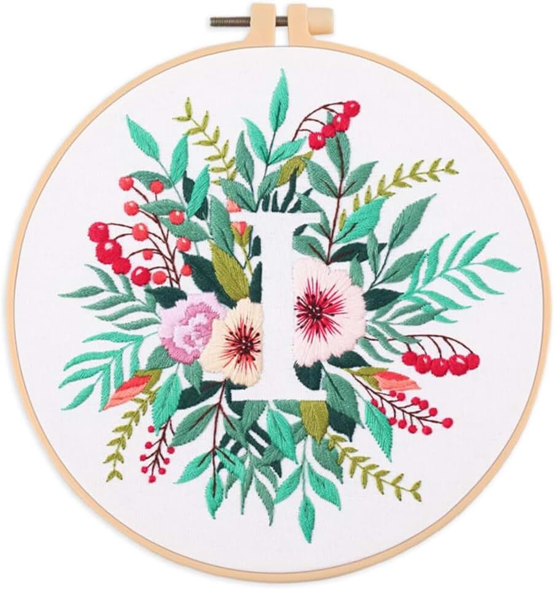 Borduurset voor beginners en volwassenen - 26 bloemenletters eenvoudige patronen, DIY handstiksel borduurset met borduurring (Bloem en Gras Letter I)
