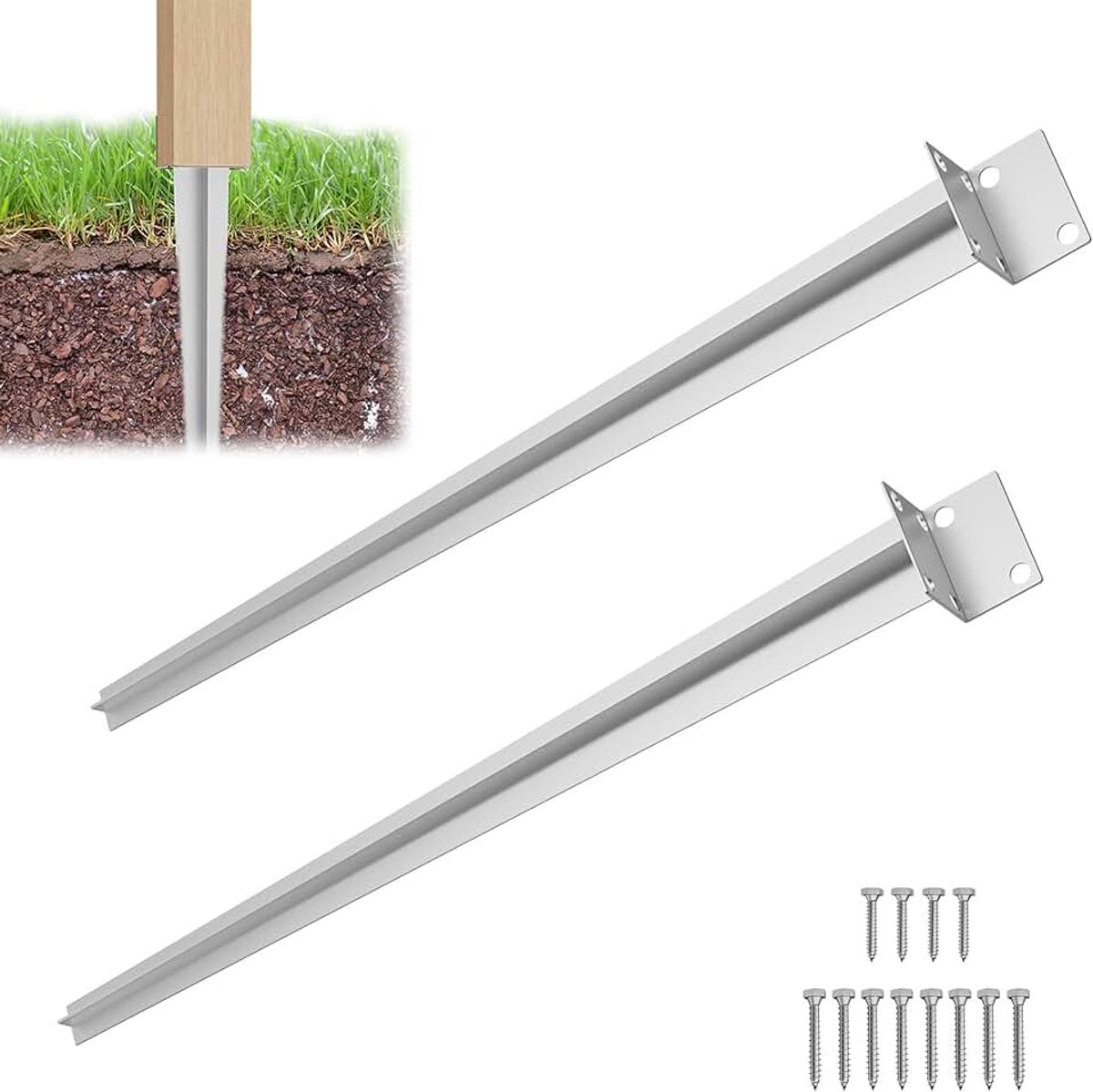 Grondhuls, inslaghuls, L-vorm, 50 cm, thermisch verzinkt, 2 mm, metalen paaldrager voor houten palen, metalen palen, 2 stuks, zilveren grondanker, grondpen, geschikt voor omheining, carport