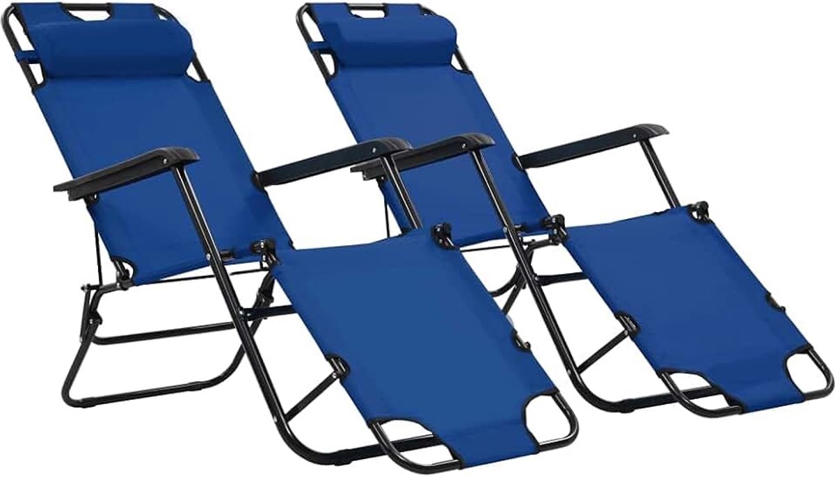 Chaise longue, met voetensteun, 2 stuks, voor terras, tuin, terras, strand, staal, blauw
