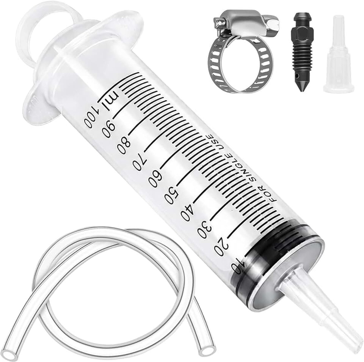 100 ml spuit remontluchter met 50 cm slang en adapter | Voor motorfiets, fiets, scooter en auto, inclusief drukklem, olie-afzuiging, remvloeistof wisselen, effectieve ontluchting