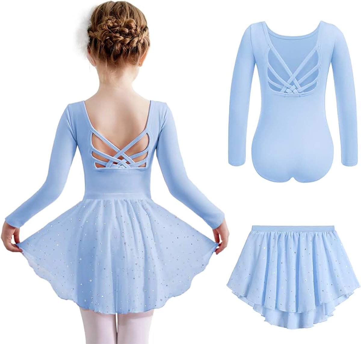 Balletkleding voor meisjes, 2-10 jaar, lange mouwen, balletjurk, tweedelige kinderen, katoen, dansjurk, rugvrij, balletshirt met tutu, balletpak, dansshirt voor peuters, ballerinajurk met
