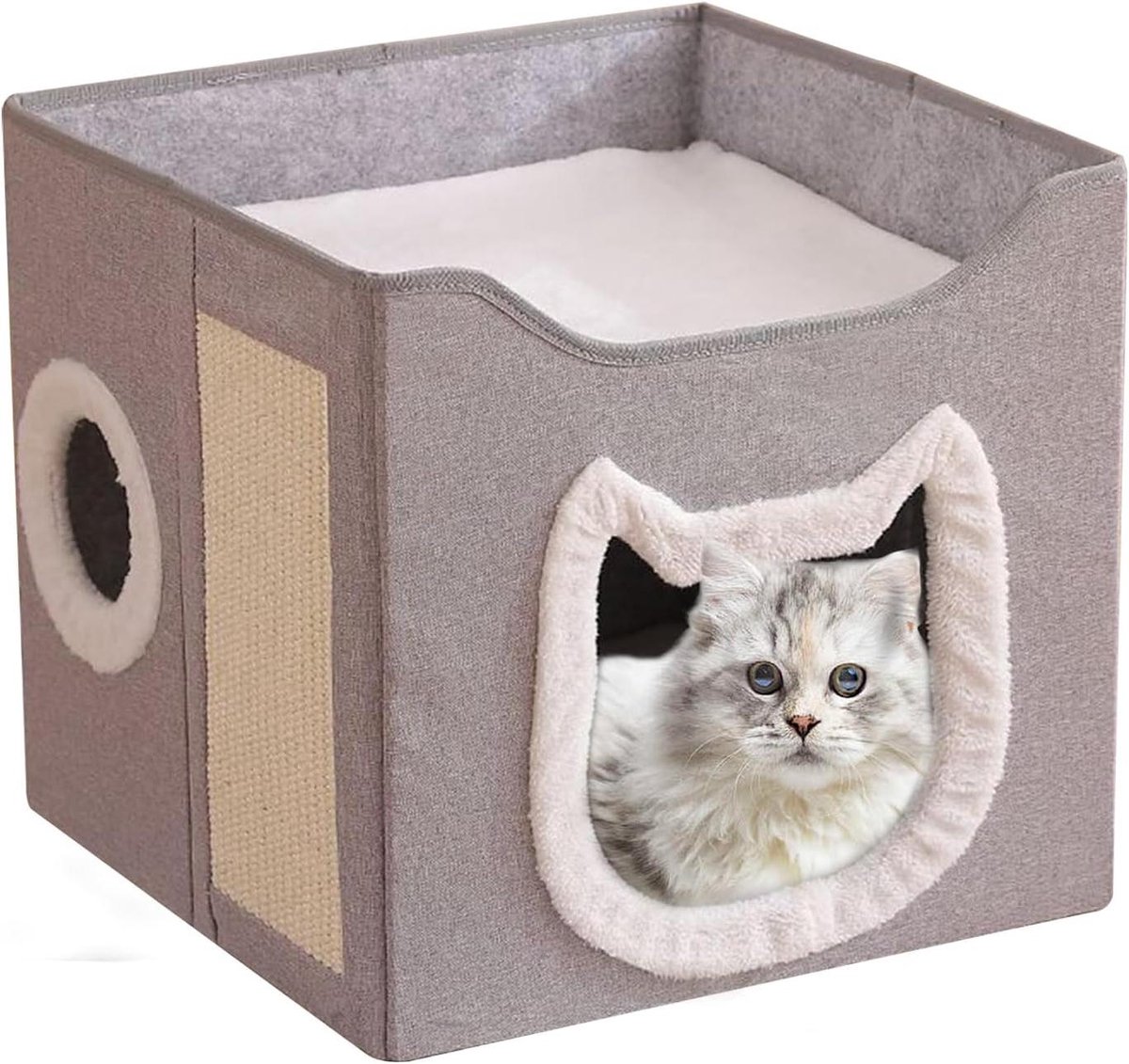 Kattenhuis Opvouwbaar - Huisdierenhuis Kennel - Ontspannen en Spelen - Dubbellaags Met Kraskussen - 40x40x36.5cm - Lichtgrijs