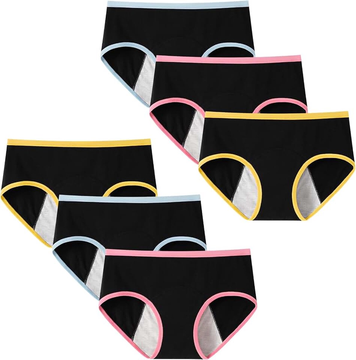 Ondergoed voor tienermeisjes, menstruatiebroek, lekvrij, medium taille, solide broekje, voor tieners van 10-18 jaar (6 stuks) (moet met tampons worden gebruikt)