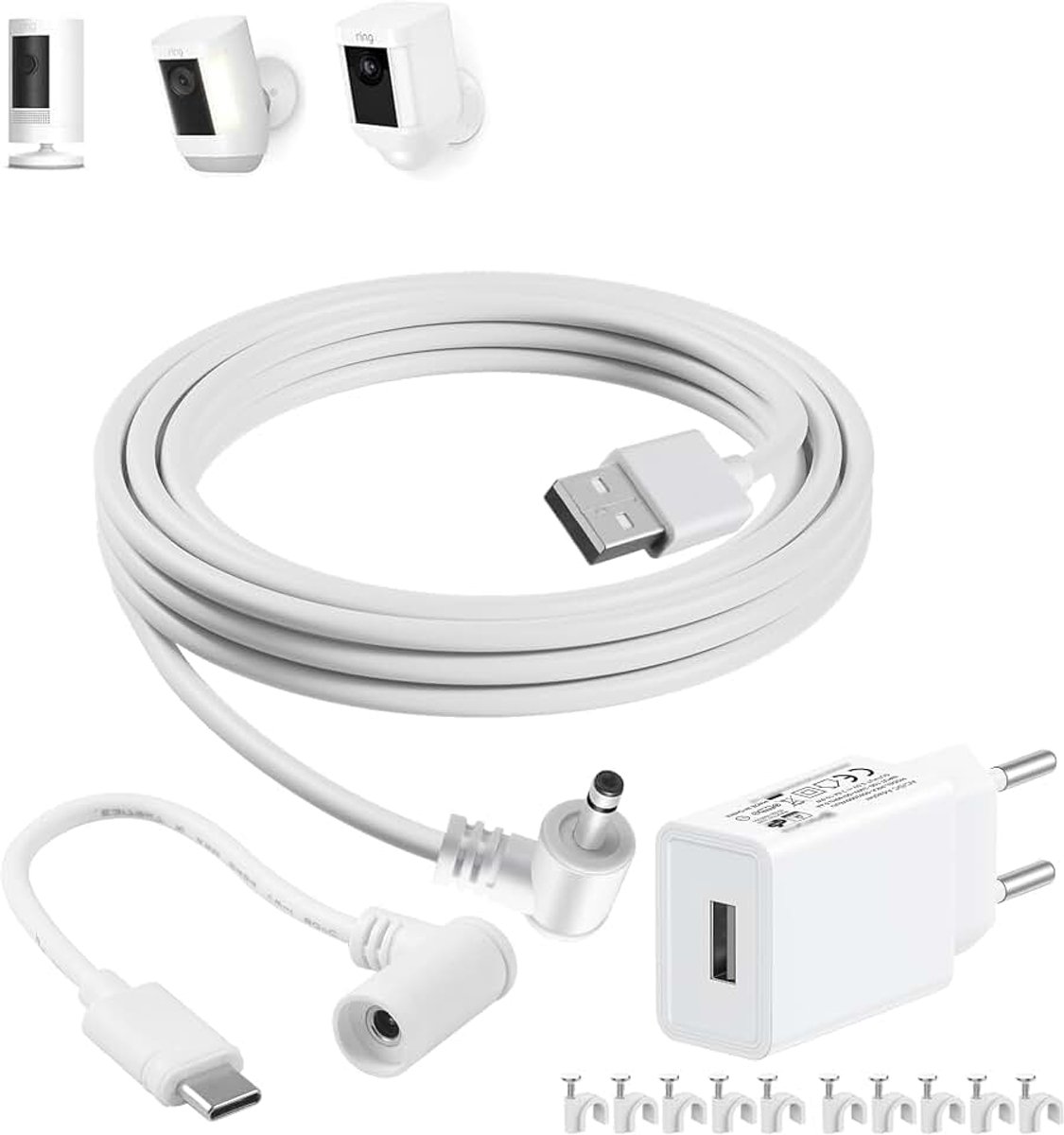 16,4ft/5m weerbestendige stroomkabel & voedingsset voor Ring Spotlight Cam Plus/Pro, Stick Up Cam accu (3e/2e generatie), Ring Tilt Indoor Cam, oplaadkabel met 5V 2A USB-adapter, wit