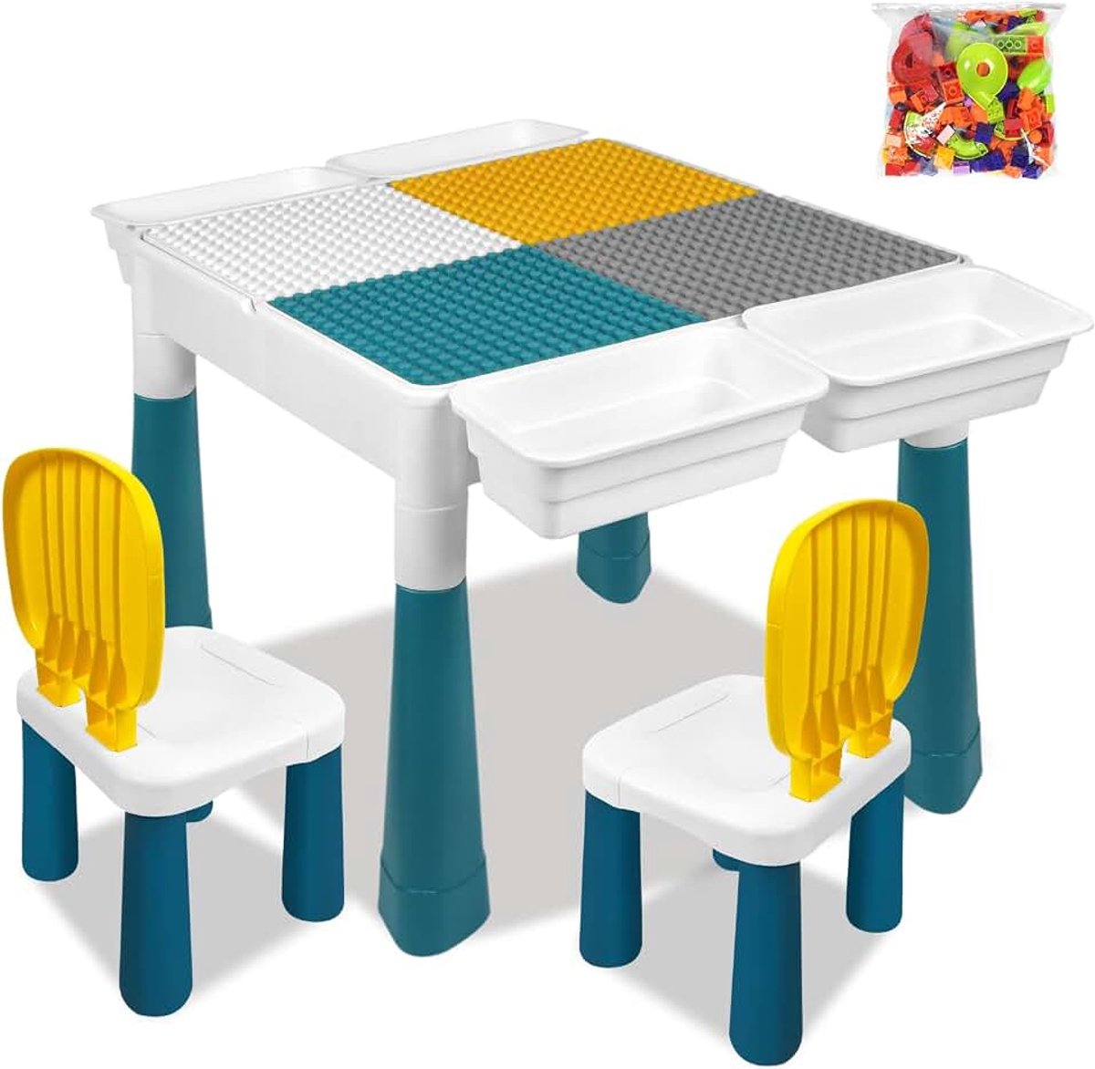 6-in-1 kindertafel met stoelen, compatibele multifunctionele activiteitstafelset, knutseltafel met 2 stoelen en 163 bouwstenen, multifunctionele leer- en speeltafel met opslag, cadeau