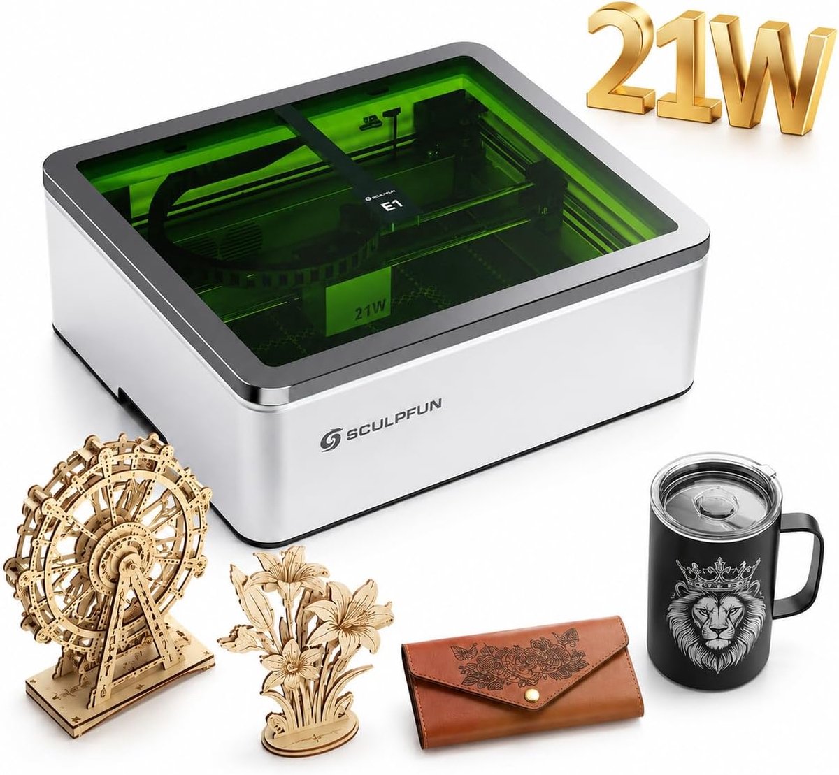 SCULPFUN E1 Pro 21W Gesloten lasergraveermachine - 400x320mm Graveren - Laser Graveermachine Inclusief HD-camera, Air Assist en honingraatplaat - Lasersnijmachine voor hout, metaal en acryl - Laser Cutter - Lasergraveerder