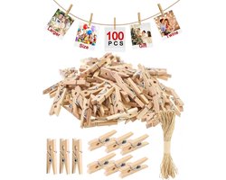 100 stuks - Kleine houten mini knijpers - 3 cm - Met 10 m jute twine - Fotoknijpers - Fotoclips om op te hangen - Clips - Clips om kerstkaarten op te hangen - Geschikt voor knutselwerk, ansichtkaarten, decoraties en fotopresentaties
