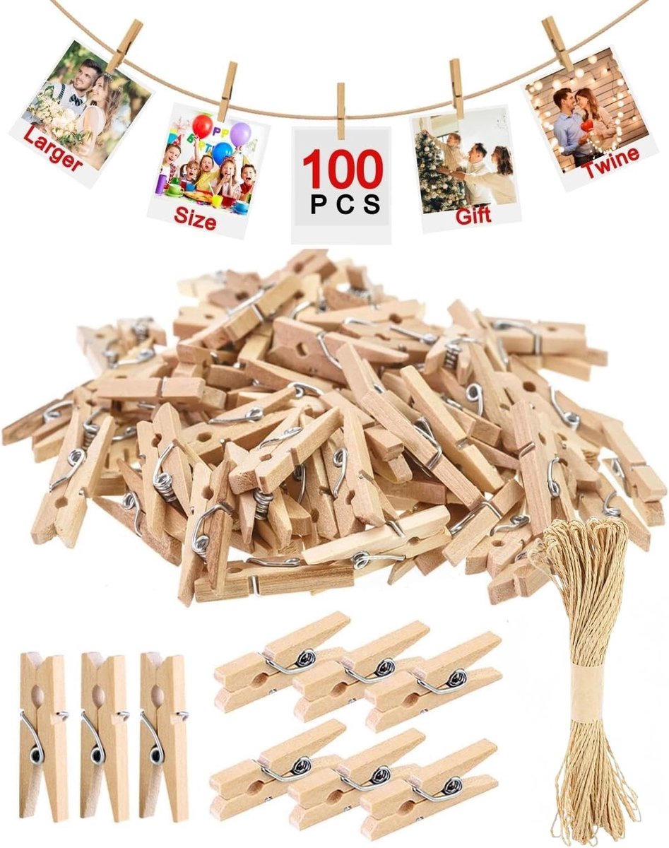 100 stuks - Kleine houten mini knijpers - 3 cm - Met 10 m jute twine - Fotoknijpers - Fotoclips om op te hangen - Clips - Clips om kerstkaarten op te hangen - Geschikt voor knutselwerk, ansichtkaarten, decoraties en fotopresentaties