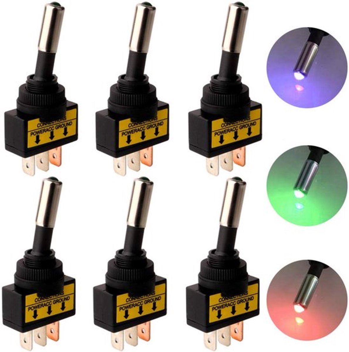 Tuimelschakelaar - 12V-24V - 3 Pinnen - LED-Licht - Auto/Motorfiets - Rood/Blauw/Groen - 6 Stuks