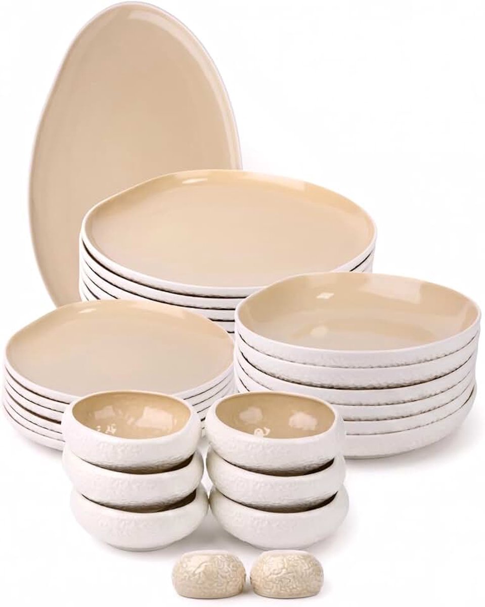 Barles Stone Serviesset 27-delig voor 6 personen, Porselein Dinerset Wit-Taupe met Diner-, Dessert- en Diepe Borden, Kommen, Peper- en Zoutset, vaatwasser-, magnetron- en ovenbestendig