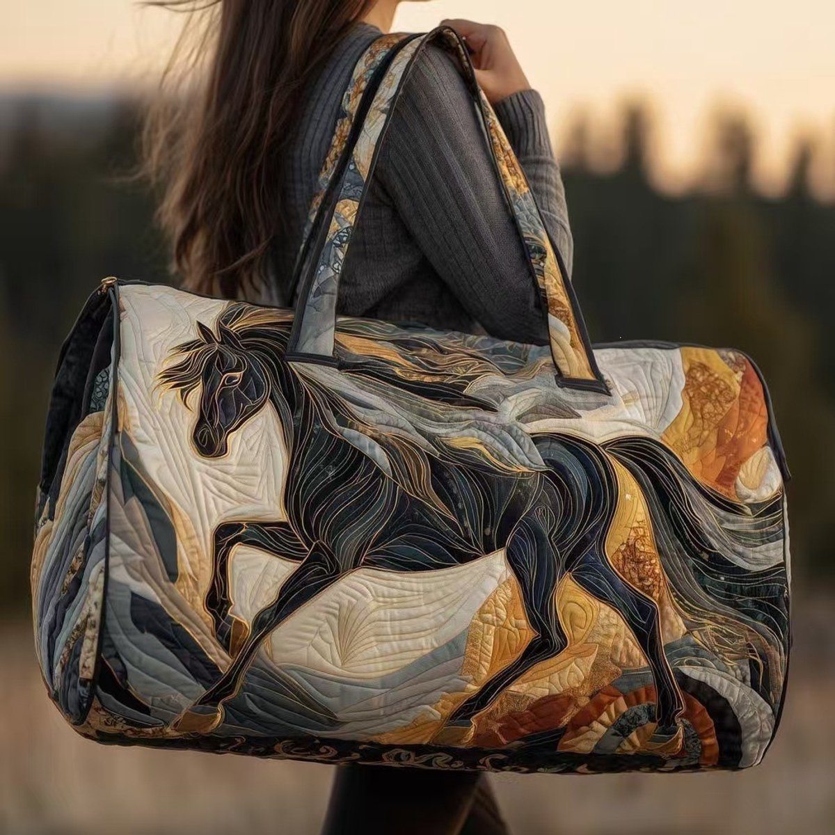 Textielen tas, retro bloemenprint in 3D-stijl, boho-stijl voor reizen en sport, meerkleurig, groot (18 x 9 x 9 inch)，108 modellen