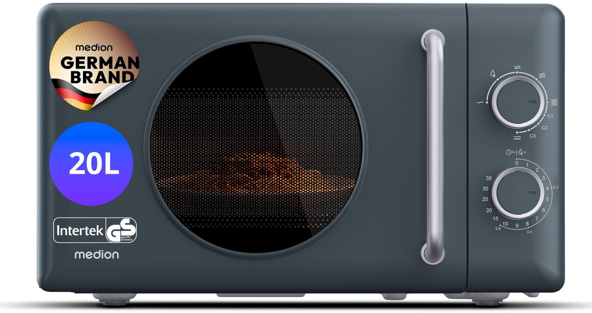 MEDION Retro magnetron met grill - 20 L - donkergrijs | 800 watt, 5 vermogensstanden, 3 combiprogramma’s, timer, ontdooifunctie, MD100119