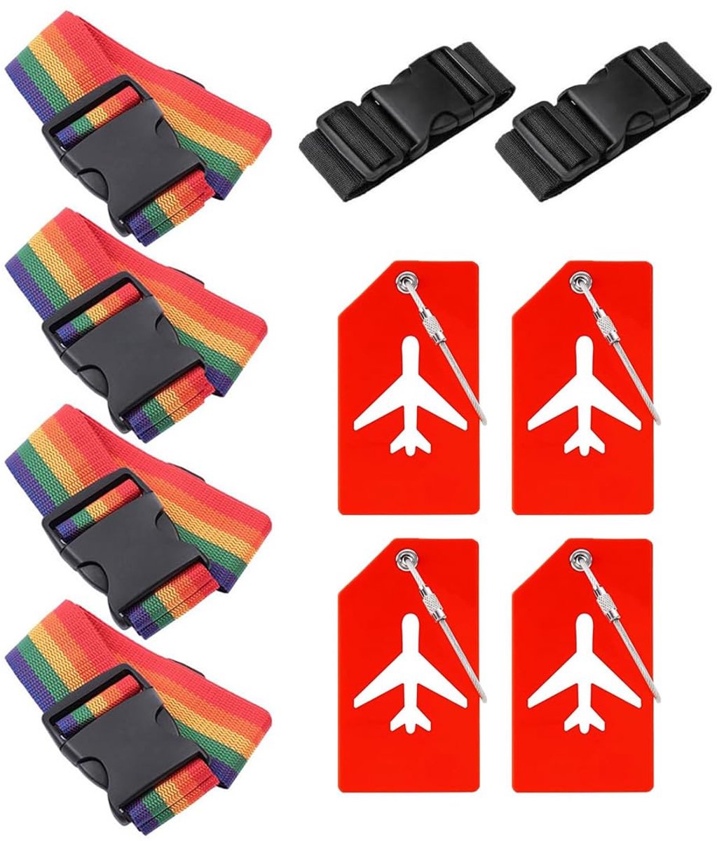 Kofferriemen, 4 stuks kofferlabels en 2 stuks riemen voor extra bagage, kofferbandriem, verstelbare kofferbanden, opvallende bagageriem voor koffer, kleurrijk