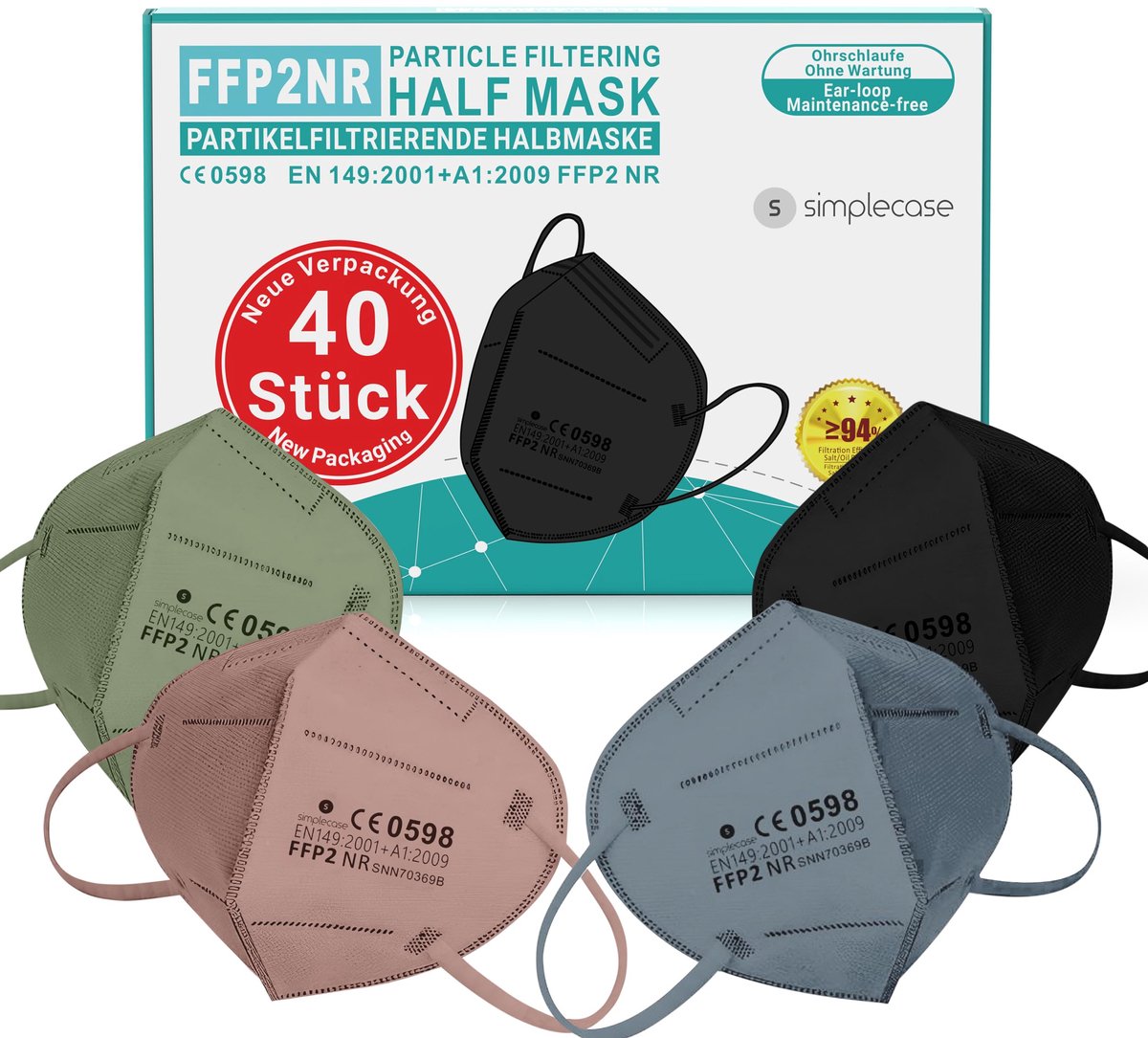 SnelShoppen - FFP2-maskers CE-gecertificeerd, ademhalingsmaskers, deeltjesfiltermaskers, 40 stuks, geschikt voor dagelijks gebruik, bescherming tegen